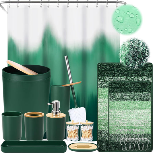 iMucci Bathroom Accessories Dark Green Bathroom Sets with Shower Curtain and Rug, Dark Green Ombre Waterproof Shower Curtain with Ultra Absorbent Rug Bathroom Accessories Set for Home