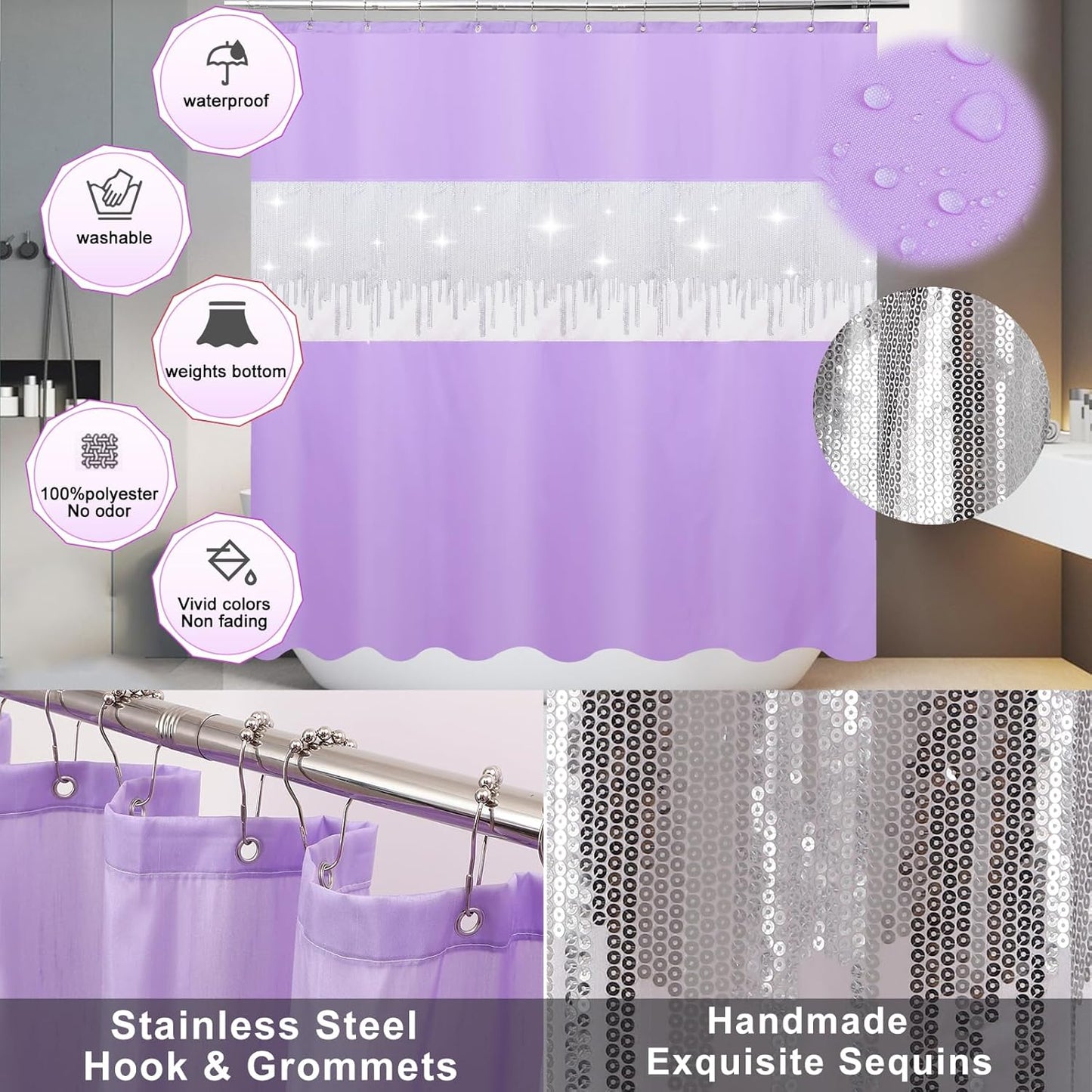 24PCS Bathroom Sets with Shower Curtain and Rugs,Bathroom Sets with Extra Soft and Absorbent Bath Rugs Purple Shower Curtain Set
