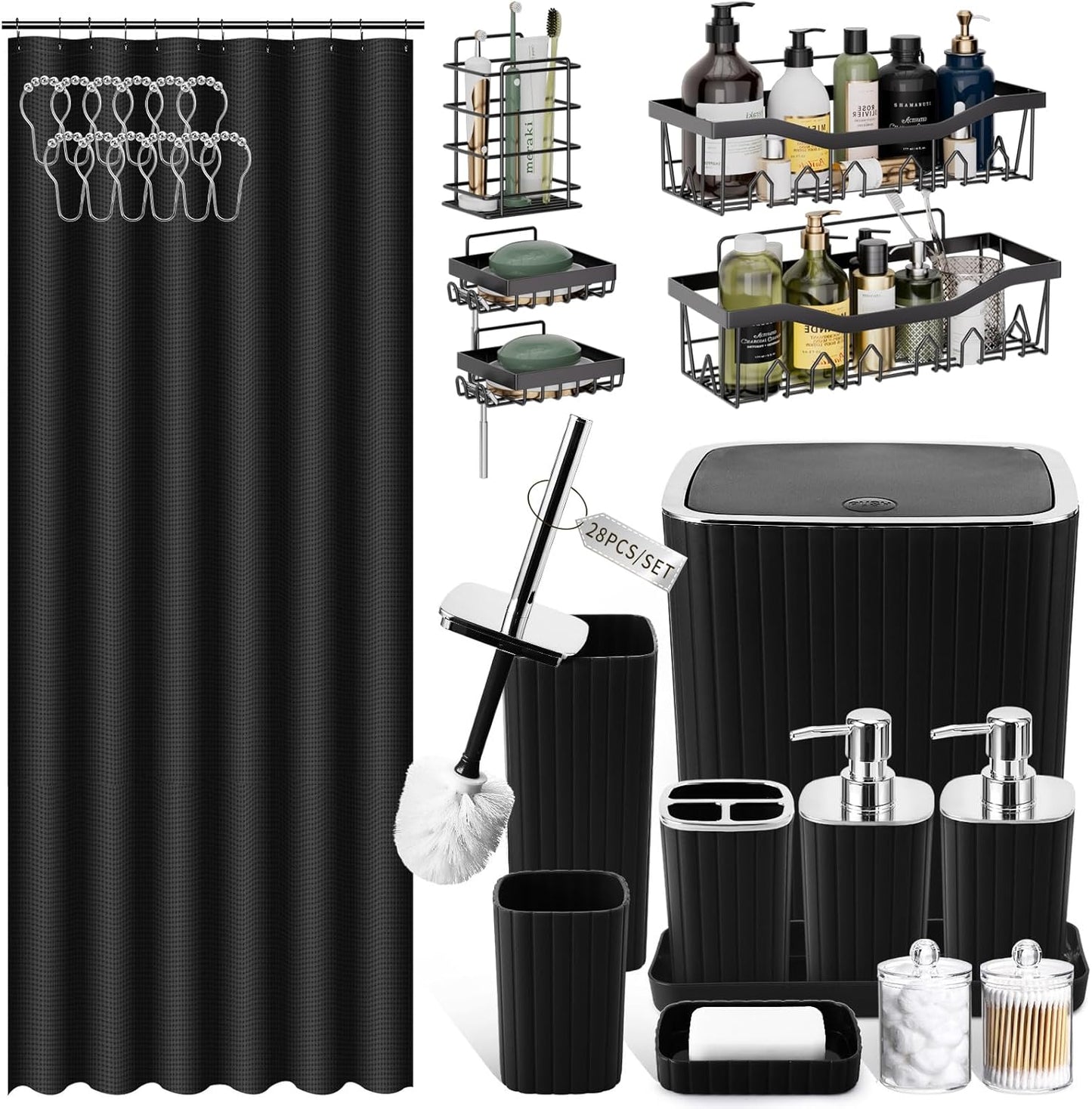 Bathroom Set with Shower Curtain and Rugs- 25PC Bathroom Accessory Set, Black Shower Curtain Set, Toilet Brush, Trash Can, Qtip Holder Dispenser & Soap Dispenser