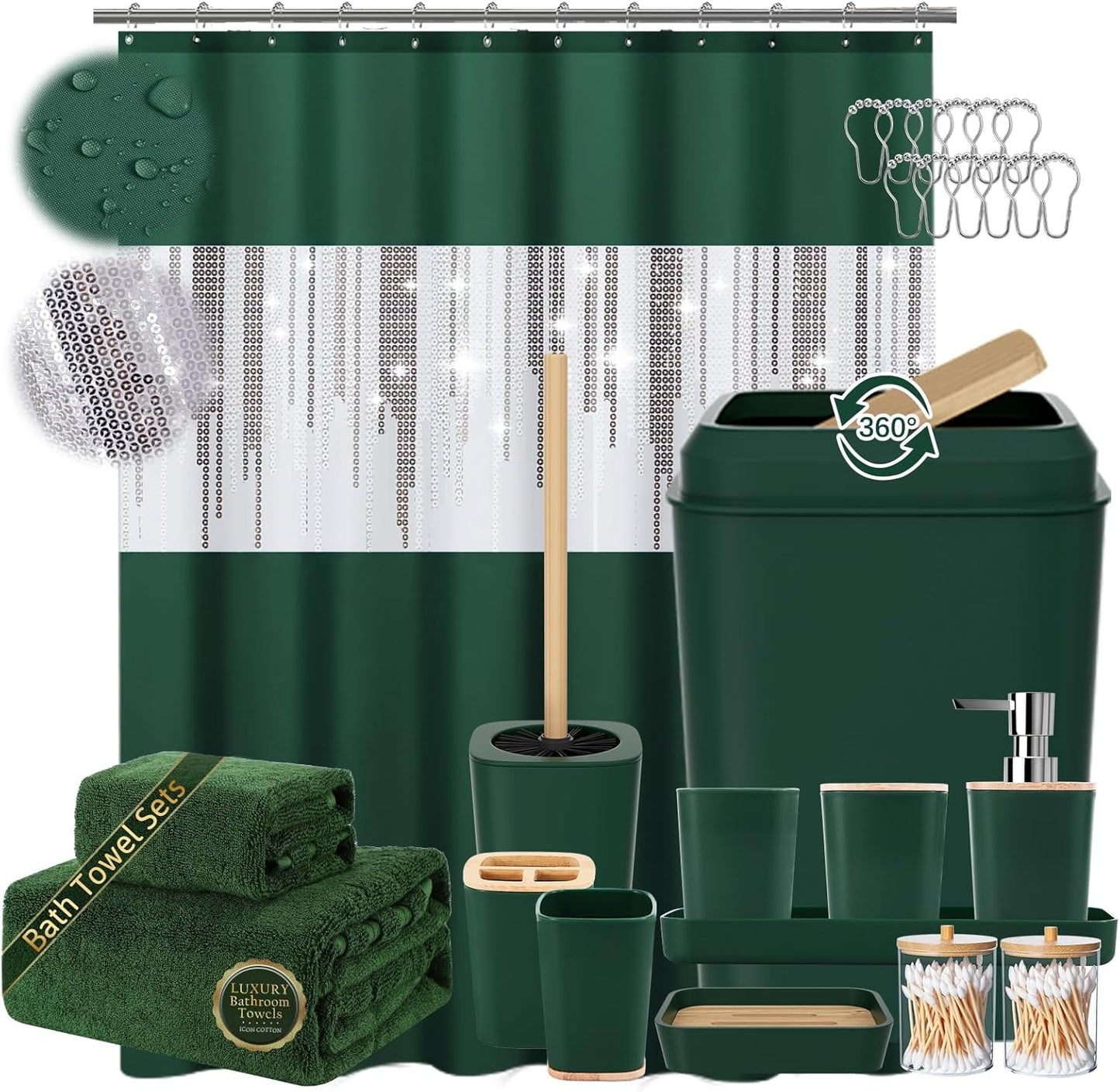 Dark Green Bathroom Sets with Shower Curtain and Rugs,Bathroom Sets Shower Curtain Set with Extra Soft and Absorbent Bathroom Rugs Green Bathroom Accessories