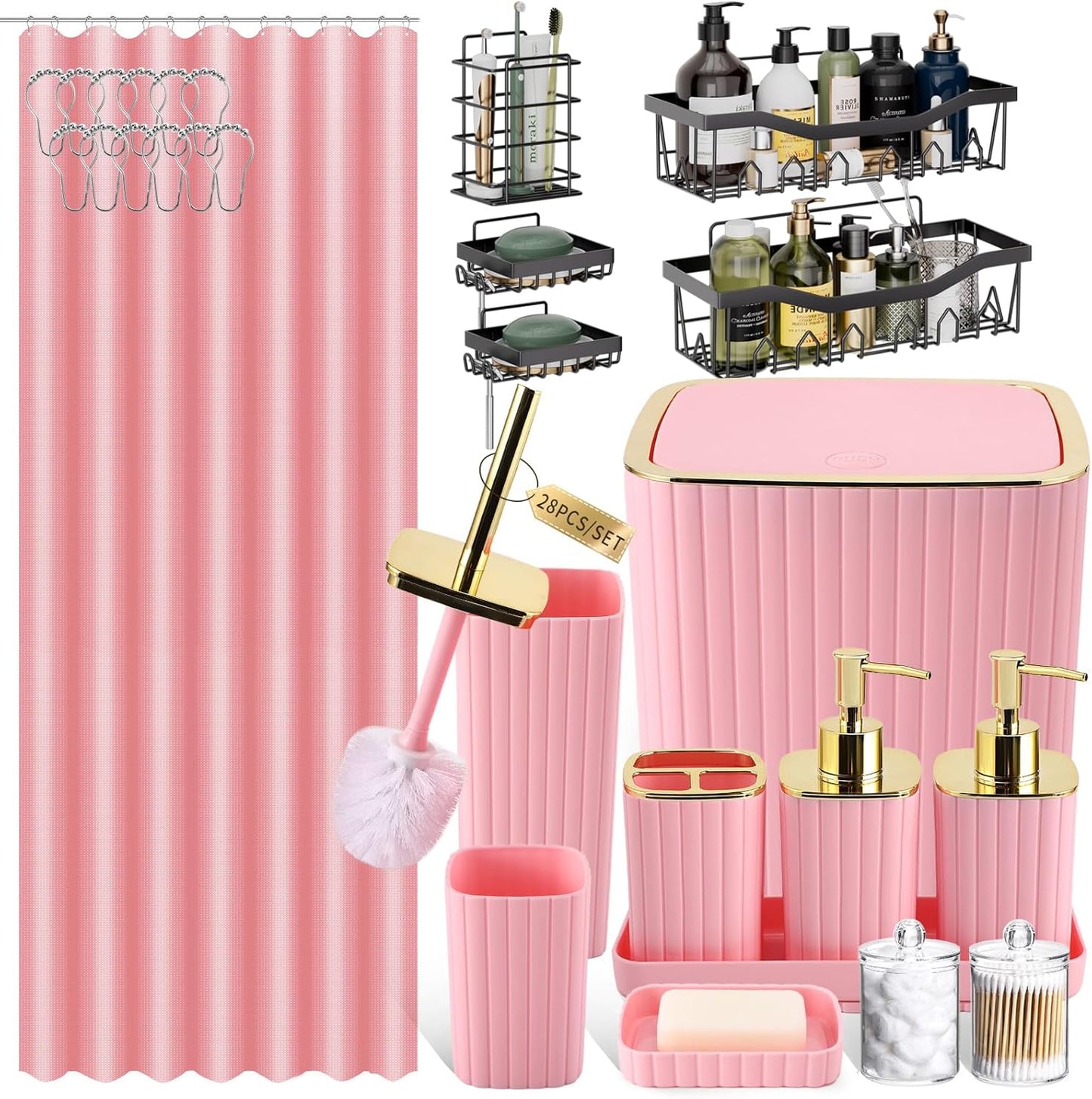 Bathroom Set with Shower Curtain and Rugs- 25PC Bathroom Accessory Set, Black Shower Curtain Set, Toilet Brush, Trash Can, Qtip Holder Dispenser & Soap Dispenser
