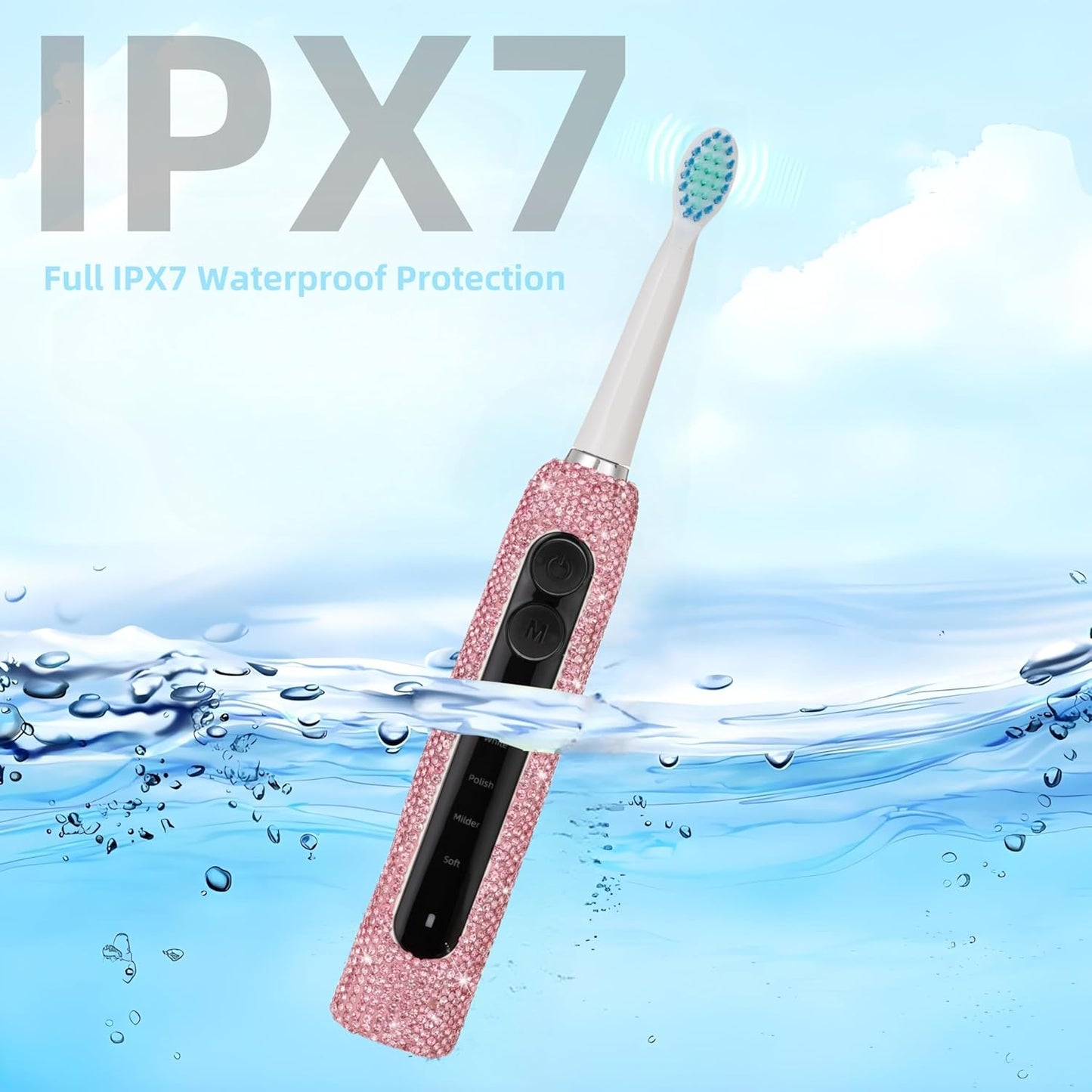 Diamond Sonic Electric Toothbrush Bling Rechargeable Toothbrushes for Adults with 6 Brush Heads Vibrating Toothbrush-5 Modes, USB-C Fast Charge,2Min Smart Timer,IPX7 Waterproof(Pink)