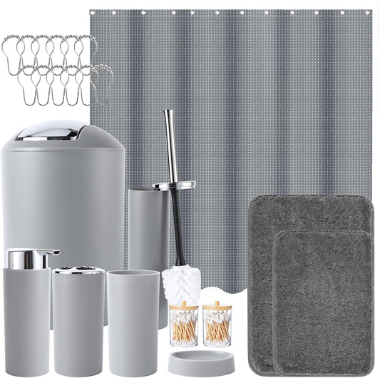 iMucci 24PCS Bathroom Accessories Set with Shower Curtainand Rugs,Bathroom Set Grey Shower Curtain Set Bathroom Decor