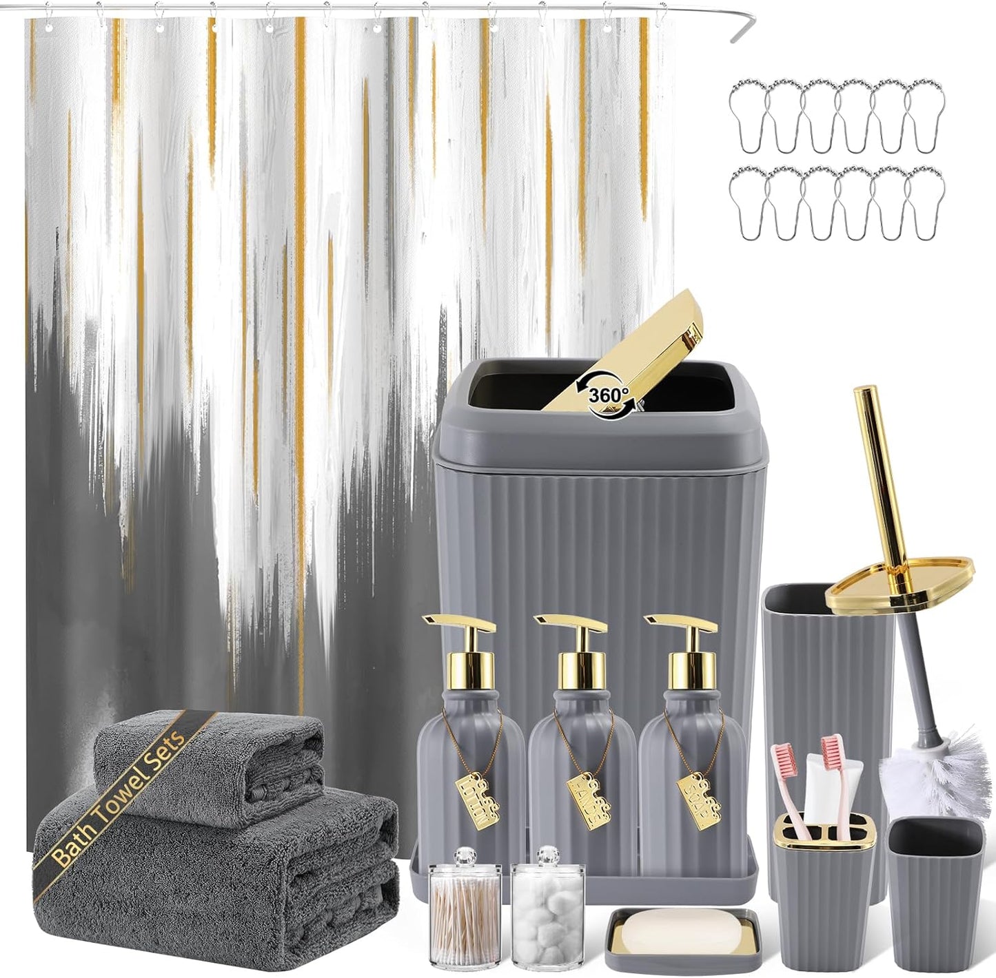 32PCS Bathroom Accessory Set Bathroom Accessories Set Navy Blue Bathroom Set, Shower Curtain Set, 2 Piece Bath Towel Set, 3PC Soap Dispenser, Toilet Brush & Trash Can