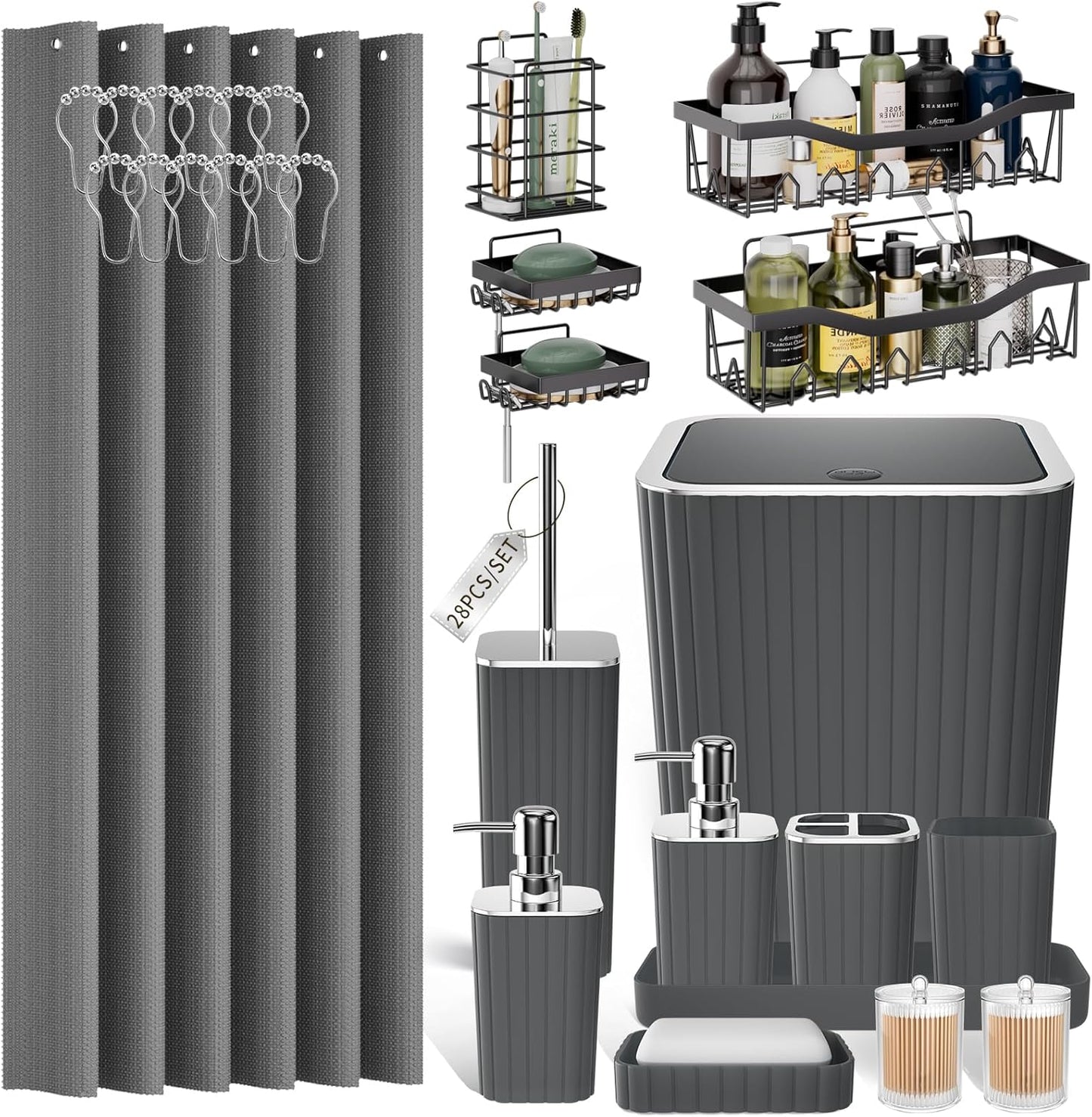Bathroom Set with Shower Curtain and Rugs- 25PC Bathroom Accessory Set, Black Shower Curtain Set, Toilet Brush, Trash Can, Qtip Holder Dispenser & Soap Dispenser