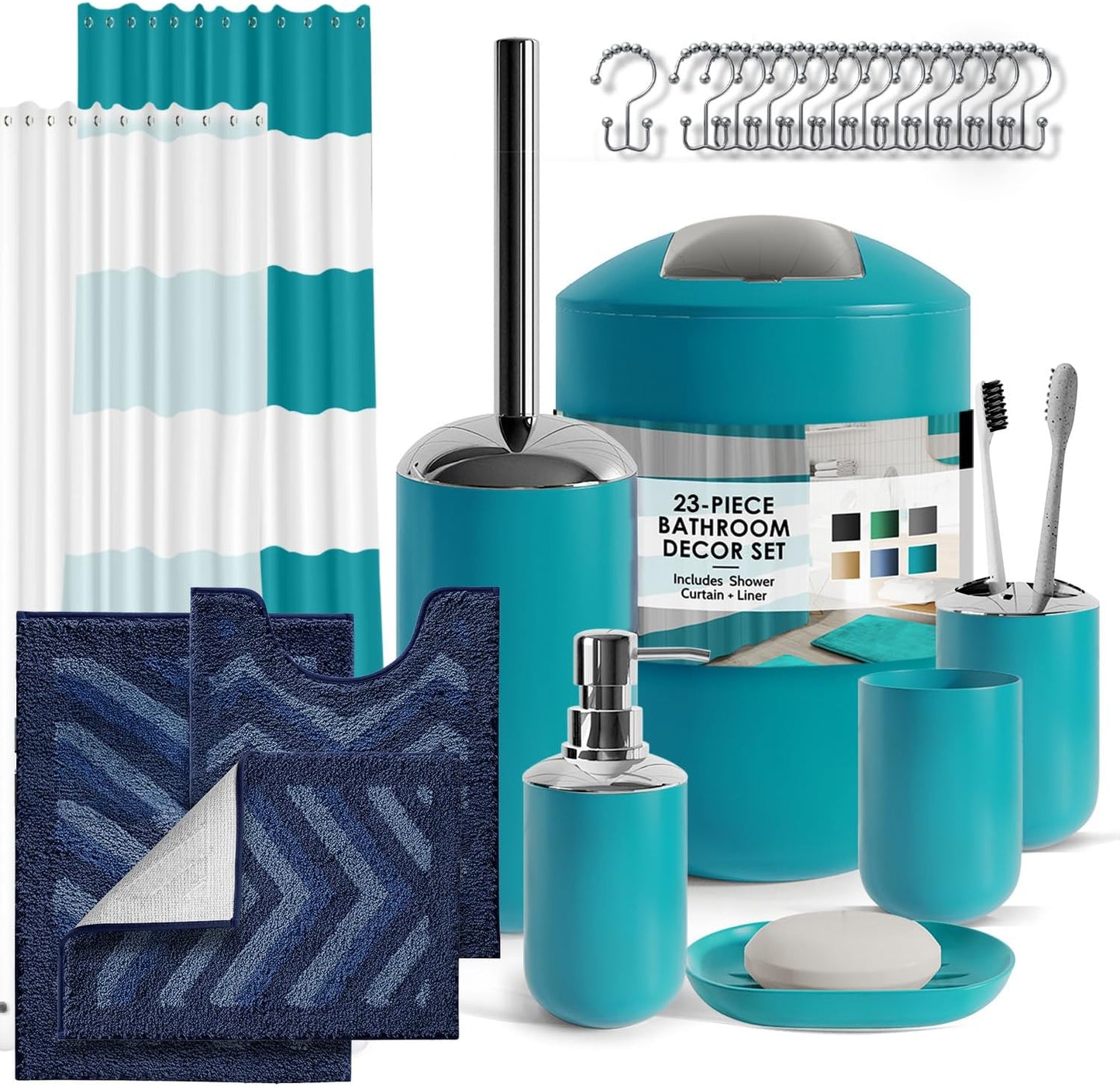 Clara Clark Bathroom Accessories Set - 28PC Bathroom Set with Adhesive Corner Shower Caddy Hanging, Bathroom Sets with Shower Curtain and Rugs, Black Shower Curtain Set with Bathroom Trash Can