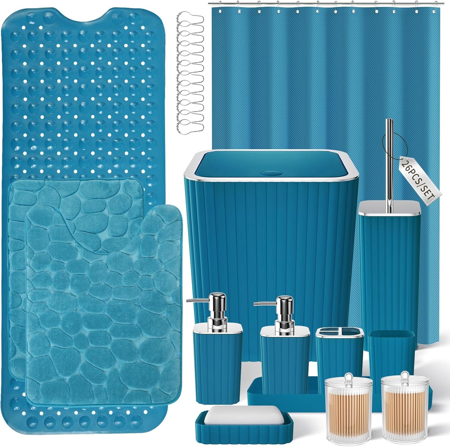 Bathroom Set with Shower Curtain and Rugs- 25PC Bathroom Accessory Set, Black Shower Curtain Set, Toilet Brush, Trash Can, Qtip Holder Dispenser & Soap Dispenser