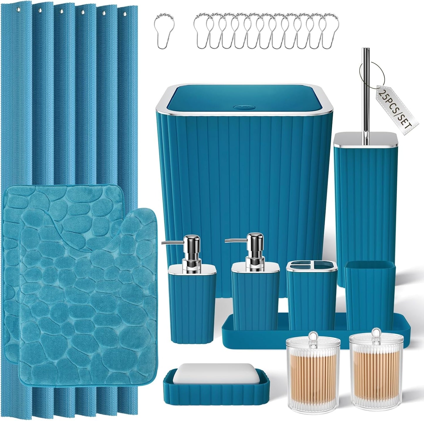 Bathroom Set with Shower Curtain and Rugs- 25PC Bathroom Accessory Set, Black Shower Curtain Set, Toilet Brush, Trash Can, Qtip Holder Dispenser & Soap Dispenser