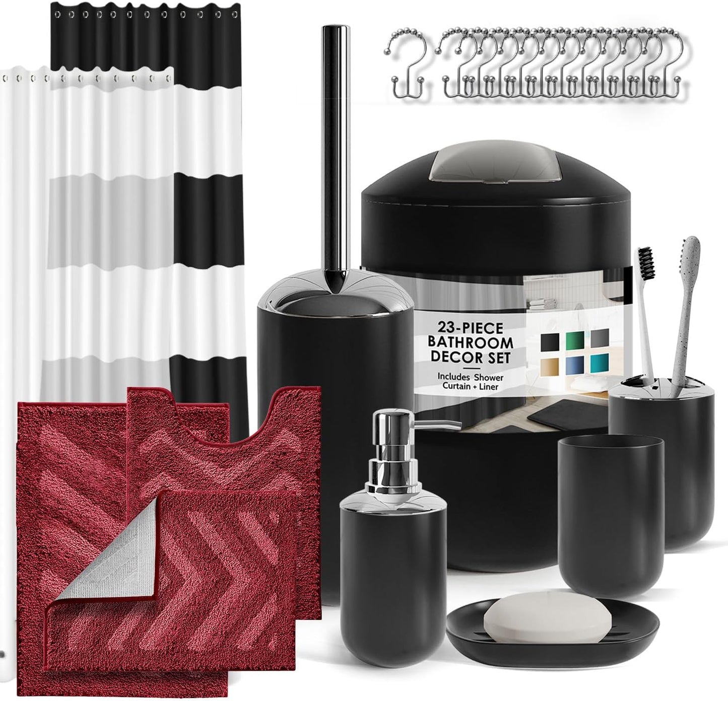 Clara Clark Bathroom Accessories Set - 28PC Bathroom Set with Adhesive Corner Shower Caddy Hanging, Bathroom Sets with Shower Curtain and Rugs, Black Shower Curtain Set with Bathroom Trash Can