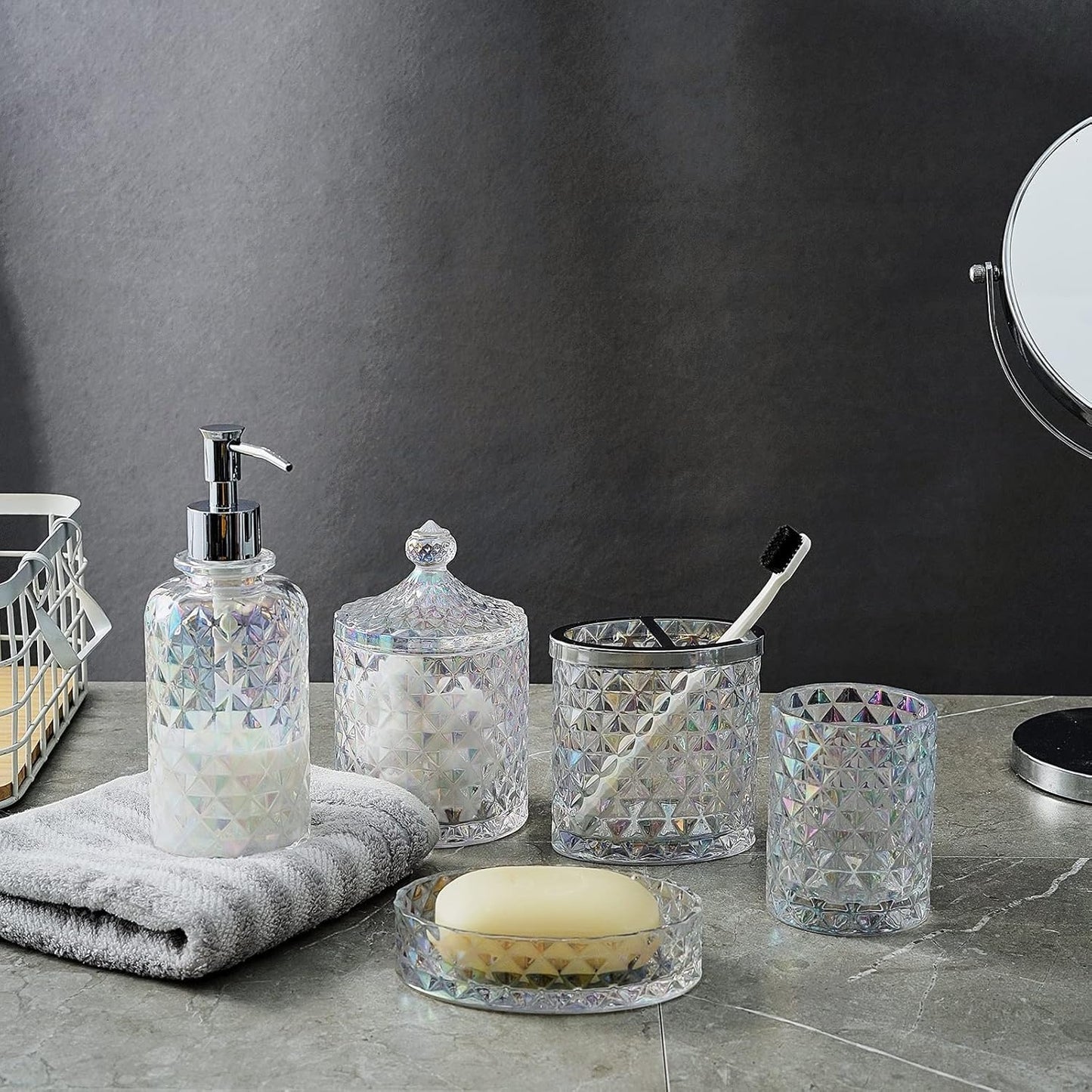 Set of 5 Glass Bathroom Accessories Set Include Soap Dispenser & Tumbler & Soap Dish & Toothbrush Holder & Apothecary Jar(Luxurious Crystal Sparkling Colored)