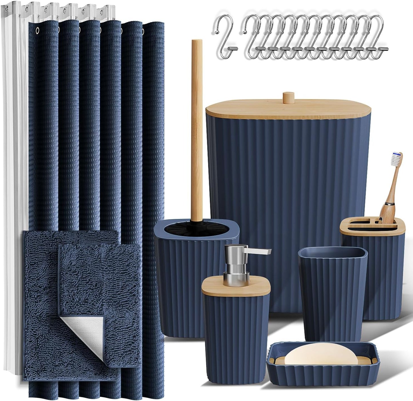 Clara Clark Bathroom Accessories Set - Grey Bathroom Set, Bathroom Sets with Shower Curtain and Rugs, 22PC Shower Curtain Set with Bathroom Trash Can