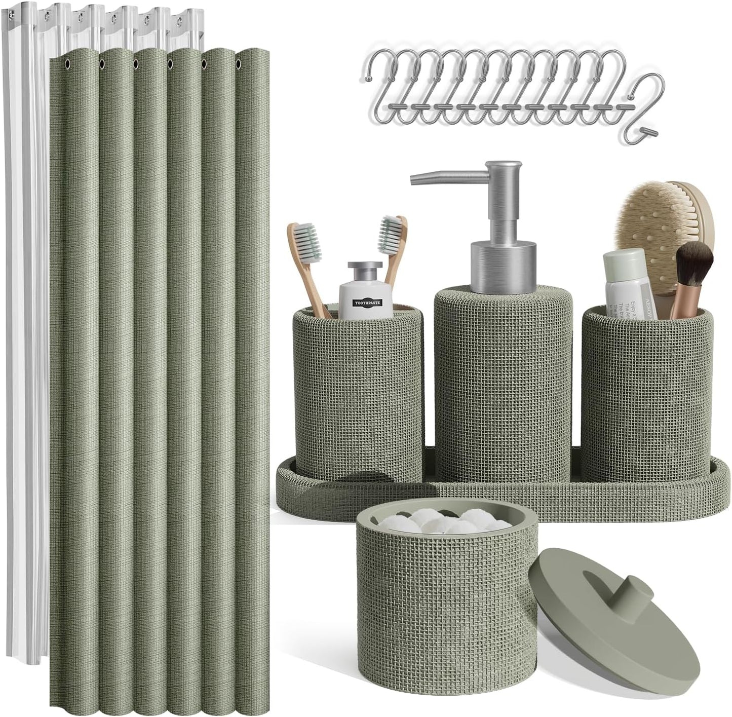Clara Clark Sage Green Bathroom Set - Bathroom Sets with Shower Curtain and Rugs, 21PC Bathroom Accessory Set, Shower Curtain Set with Soap Dispenser & Toothbrush Holder