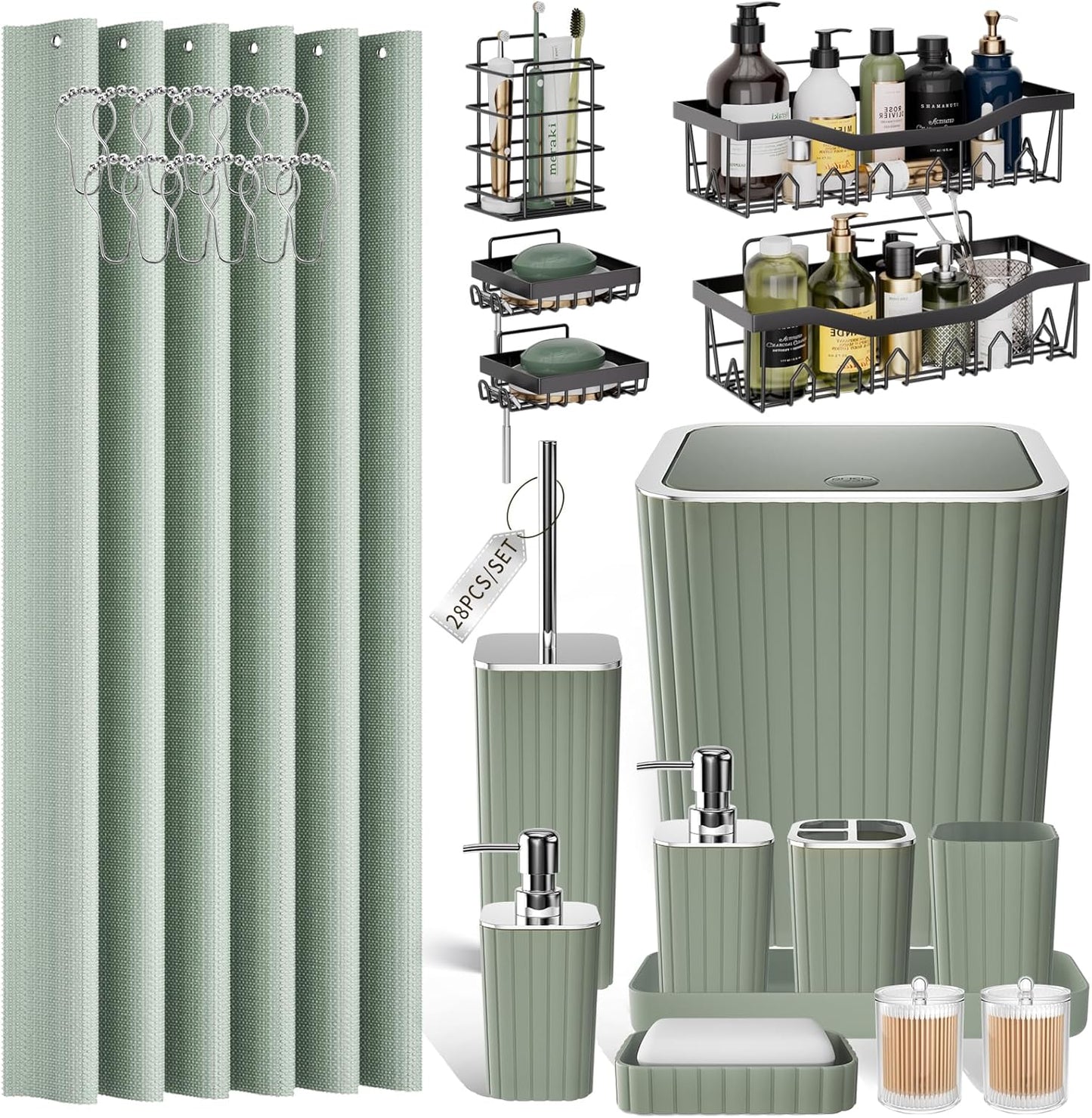 Bathroom Set with Shower Curtain and Rugs- 25PC Bathroom Accessory Set, Black Shower Curtain Set, Toilet Brush, Trash Can, Qtip Holder Dispenser & Soap Dispenser