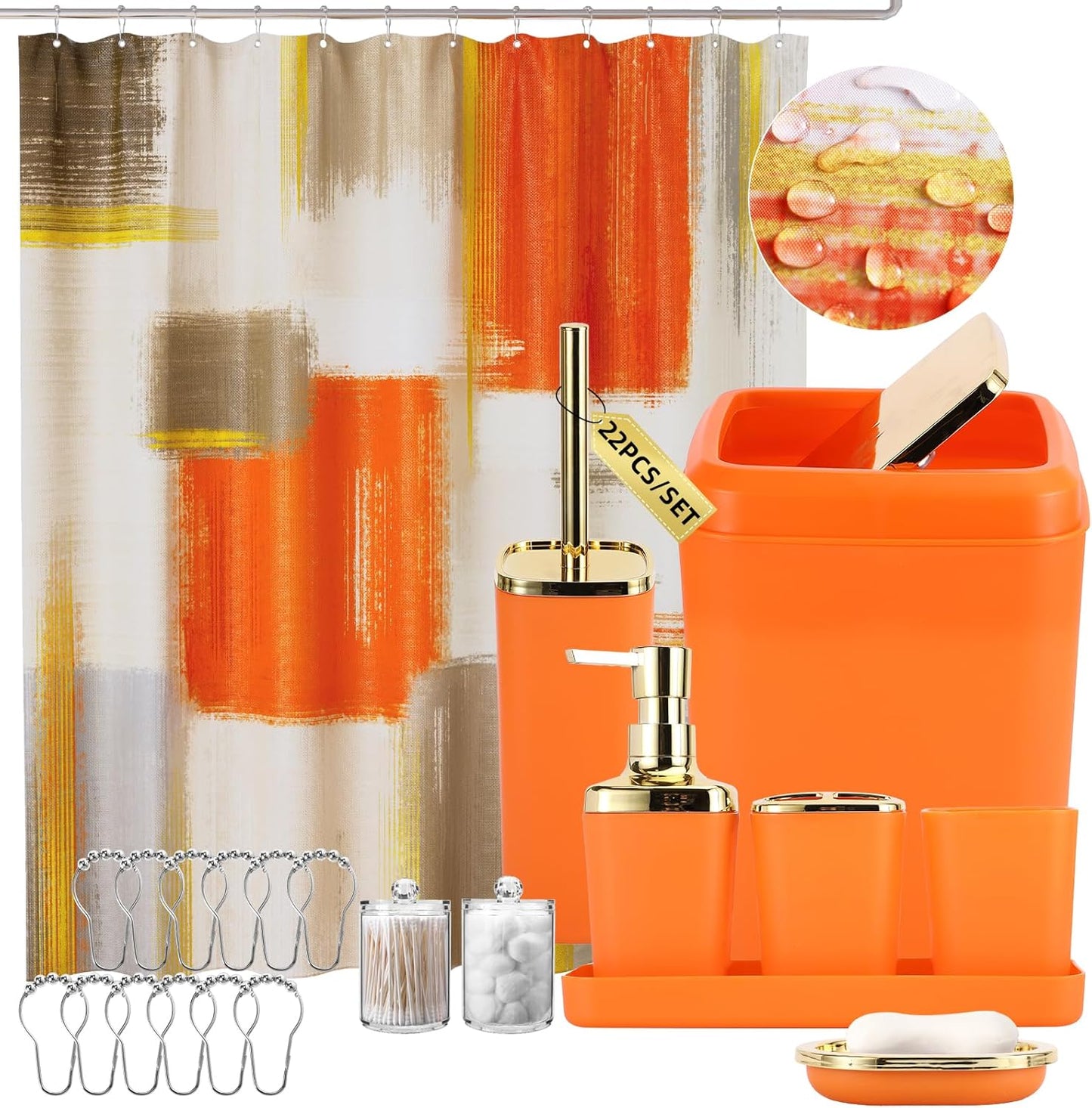 Bathroom Set - Orange Bathroom Accessories Set, Bathroom Sets with Shower Curtain and Rugs, Orange Shower Curtain Set with Bathroom Trash Can, Soap Dispenser, Soap Dish for Home Decor