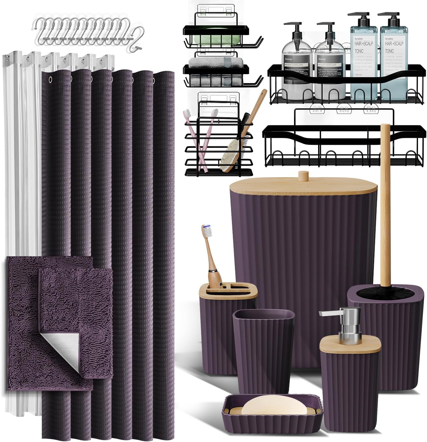 Bathroom Accessories Set with Shower Caddy and Bath Rugs 27PC Bathroom Accessory Set with Shower Caddies Green Bath Rugs, Shower Curtain Set, Toilet Brush, Trash Can, Soap Dispenser, Toothbrush holder