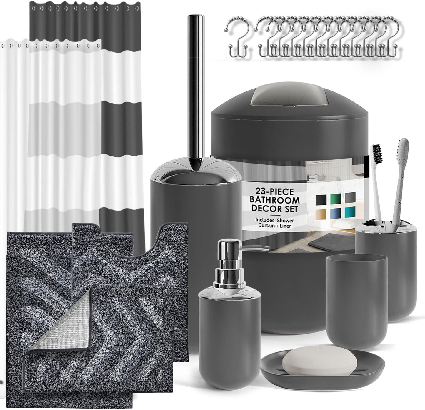Clara Clark Bathroom Accessories Set - 28PC Bathroom Set with Adhesive Corner Shower Caddy Hanging, Bathroom Sets with Shower Curtain and Rugs, Black Shower Curtain Set with Bathroom Trash Can