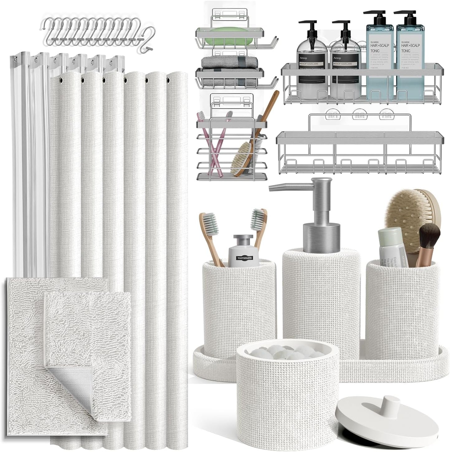 Clara Clark Sage Green Bathroom Set - Bathroom Sets with Shower Curtain and Rugs, 21PC Bathroom Accessory Set, Shower Curtain Set with Soap Dispenser & Toothbrush Holder