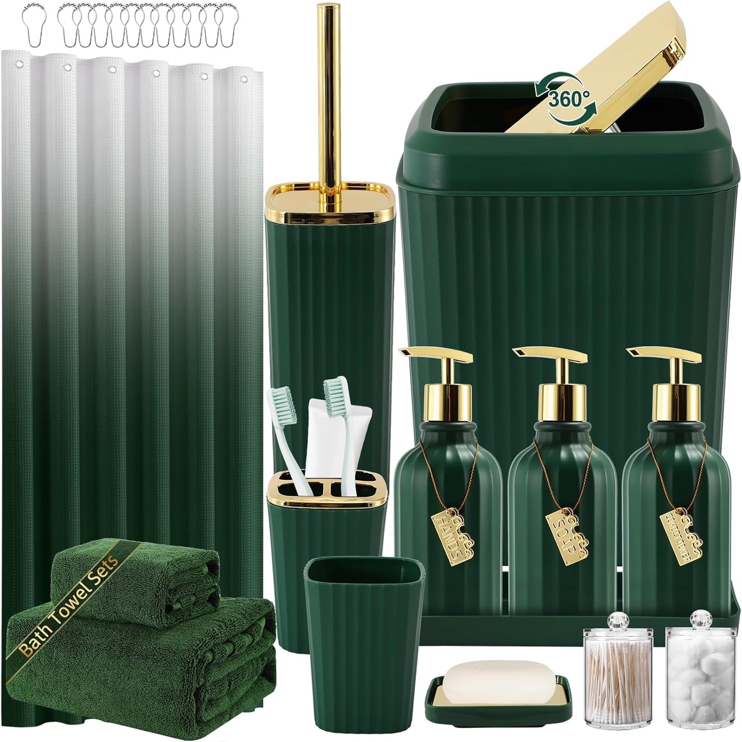 32PCS Bathroom Accessory Set Bathroom Accessories Set Navy Blue Bathroom Set, Shower Curtain Set, 2 Piece Bath Towel Set, 3PC Soap Dispenser, Toilet Brush & Trash Can