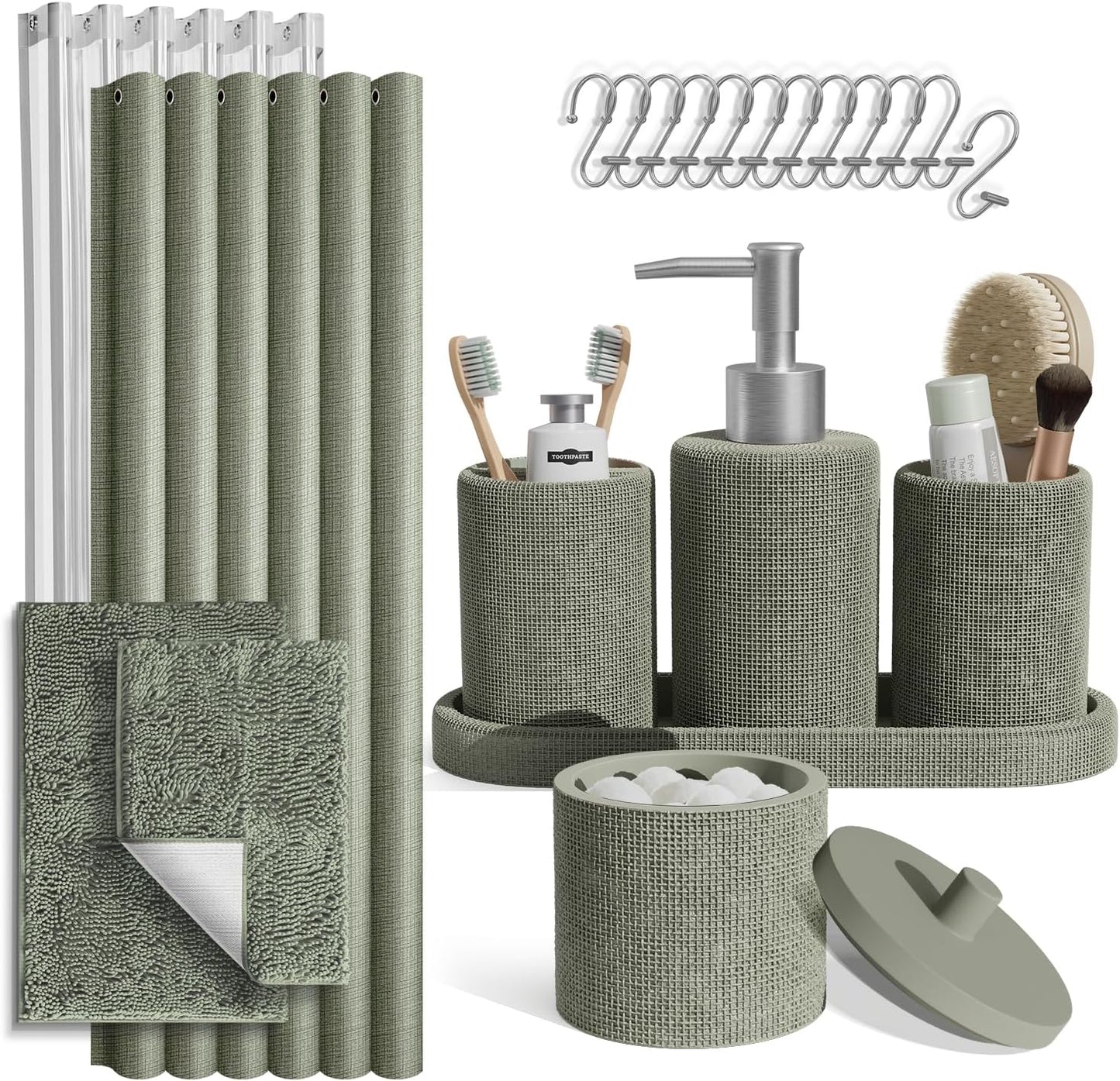 Clara Clark Sage Green Bathroom Set - Bathroom Sets with Shower Curtain and Rugs, 21PC Bathroom Accessory Set, Shower Curtain Set with Soap Dispenser & Toothbrush Holder