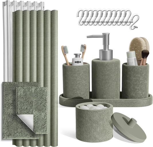 Clara Clark Sage Green Bathroom Set - Bathroom Sets with Shower Curtain and Rugs, 21PC Bathroom Accessory Set, Shower Curtain Set with Soap Dispenser & Toothbrush Holder