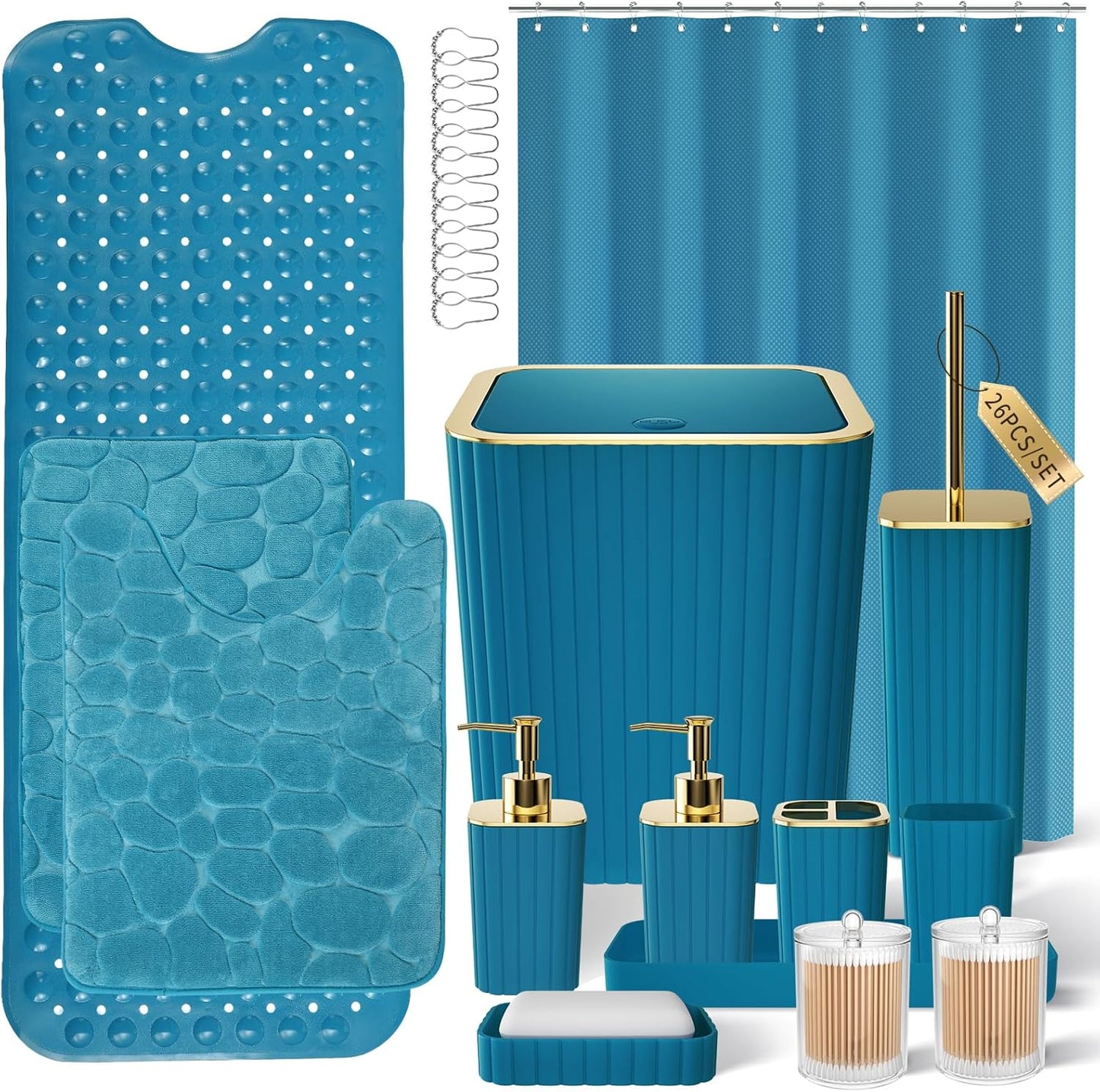 Bathroom Set with Shower Curtain and Rugs- 25PC Bathroom Accessory Set, Black Shower Curtain Set, Toilet Brush, Trash Can, Qtip Holder Dispenser & Soap Dispenser