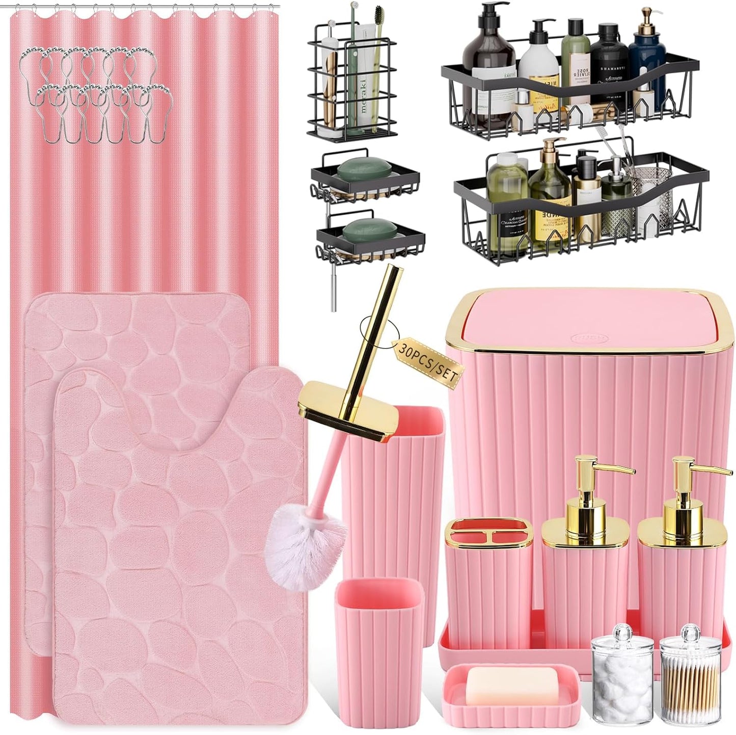 Bathroom Set with Shower Curtain and Rugs- 25PC Bathroom Accessory Set, Black Shower Curtain Set, Toilet Brush, Trash Can, Qtip Holder Dispenser & Soap Dispenser