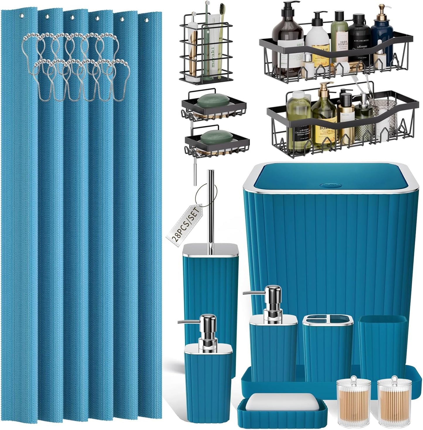 Bathroom Set with Shower Curtain and Rugs- 25PC Bathroom Accessory Set, Black Shower Curtain Set, Toilet Brush, Trash Can, Qtip Holder Dispenser & Soap Dispenser