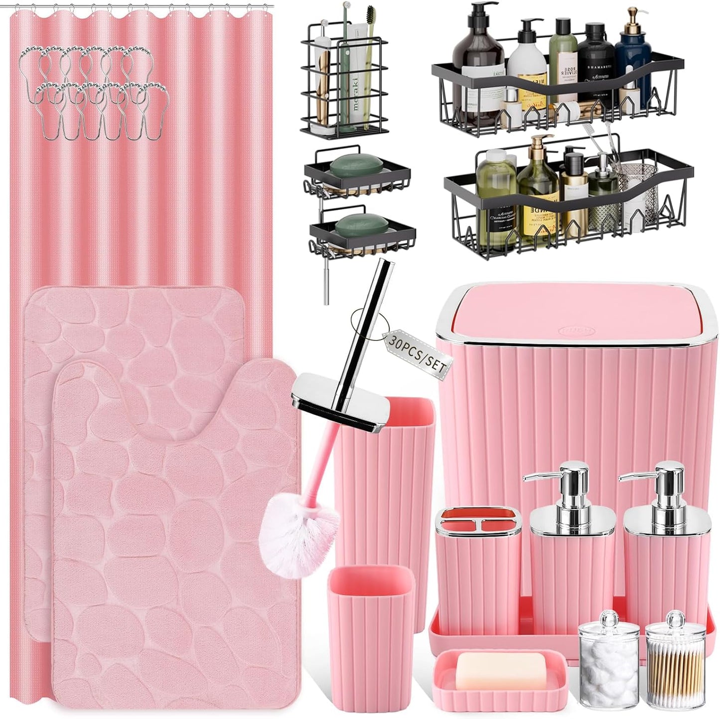 Bathroom Set with Shower Curtain and Rugs- 25PC Bathroom Accessory Set, Black Shower Curtain Set, Toilet Brush, Trash Can, Qtip Holder Dispenser & Soap Dispenser