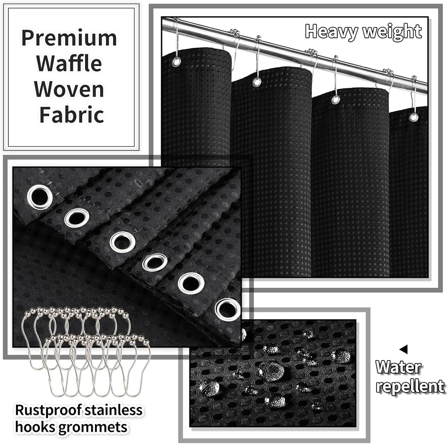 Bathroom Set with Shower Curtain and Rugs- 25PC Bathroom Accessory Set, Black Shower Curtain Set, Toilet Brush, Trash Can, Qtip Holder Dispenser & Soap Dispenser