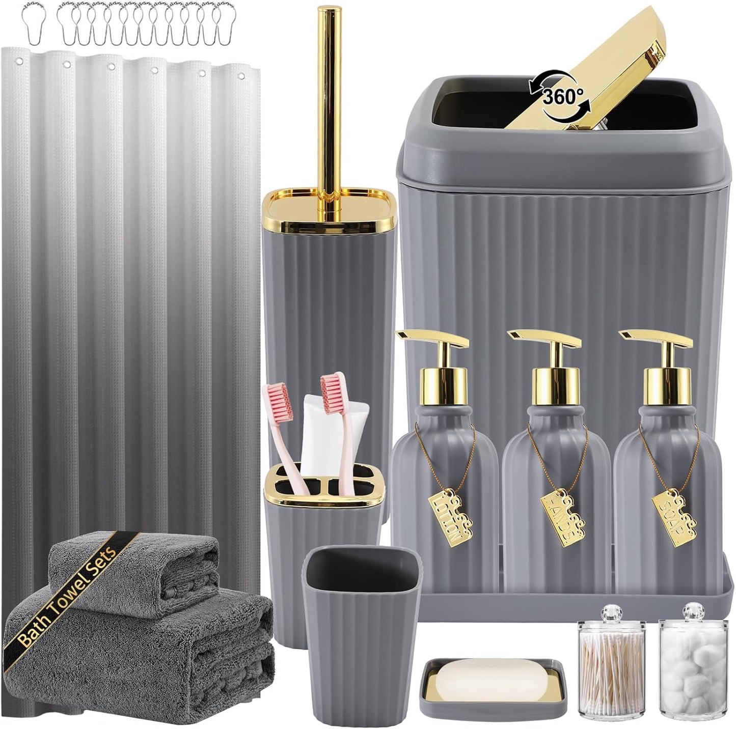 32PCS Bathroom Accessory Set Bathroom Accessories Set Navy Blue Bathroom Set, Shower Curtain Set, 2 Piece Bath Towel Set, 3PC Soap Dispenser, Toilet Brush & Trash Can