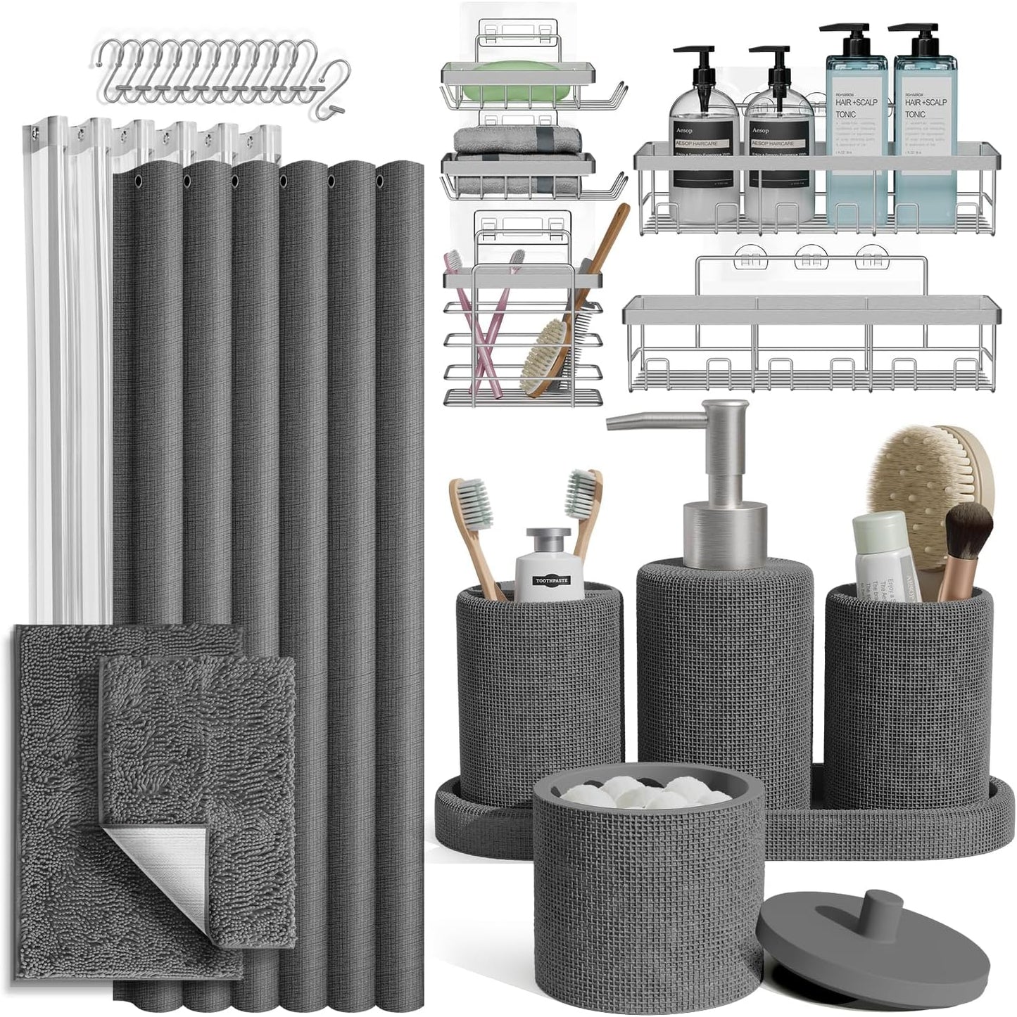 Clara Clark Sage Green Bathroom Set - Bathroom Sets with Shower Curtain and Rugs, 21PC Bathroom Accessory Set, Shower Curtain Set with Soap Dispenser & Toothbrush Holder
