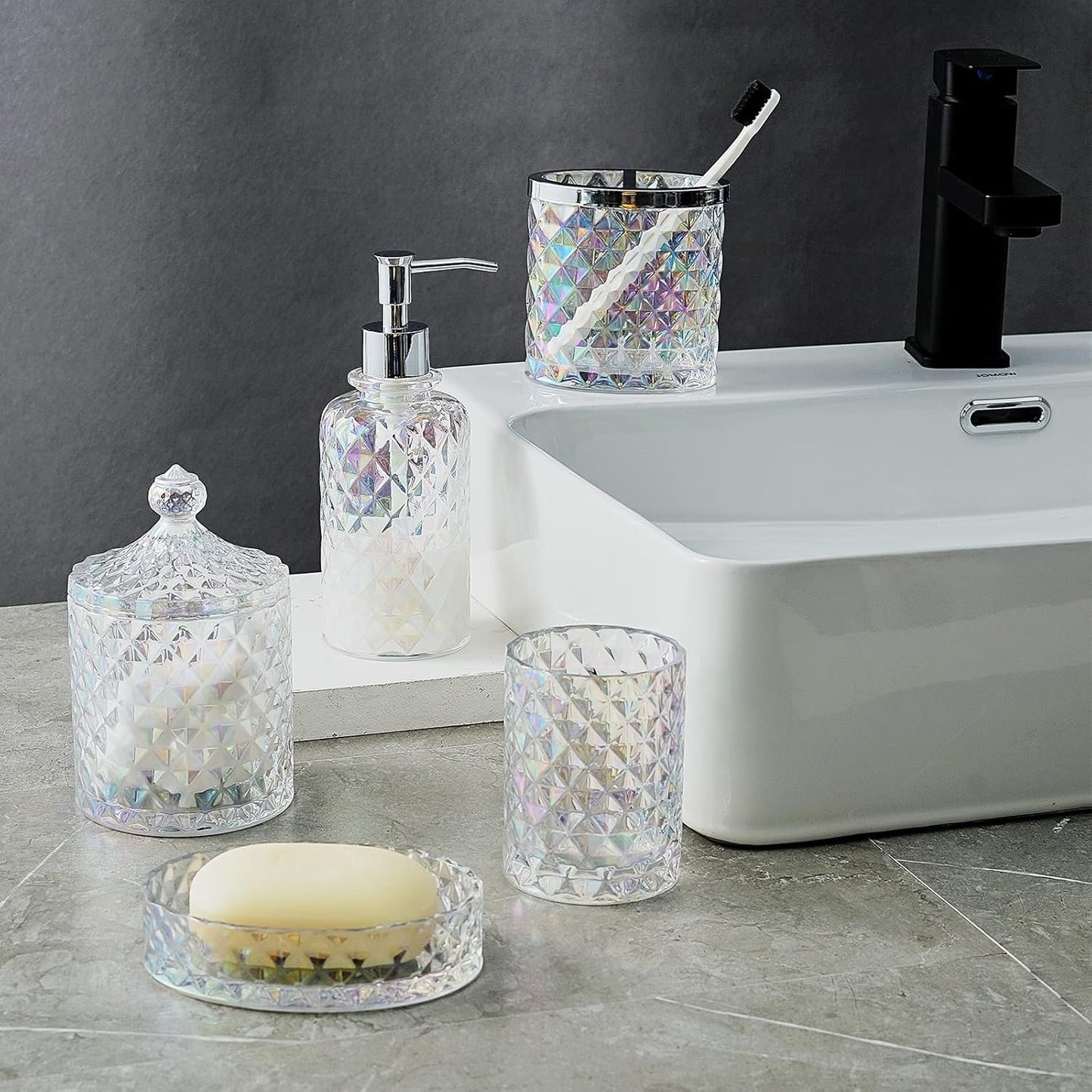 Set of 5 Glass Bathroom Accessories Set Include Soap Dispenser & Tumbler & Soap Dish & Toothbrush Holder & Apothecary Jar(Luxurious Crystal Sparkling Colored)