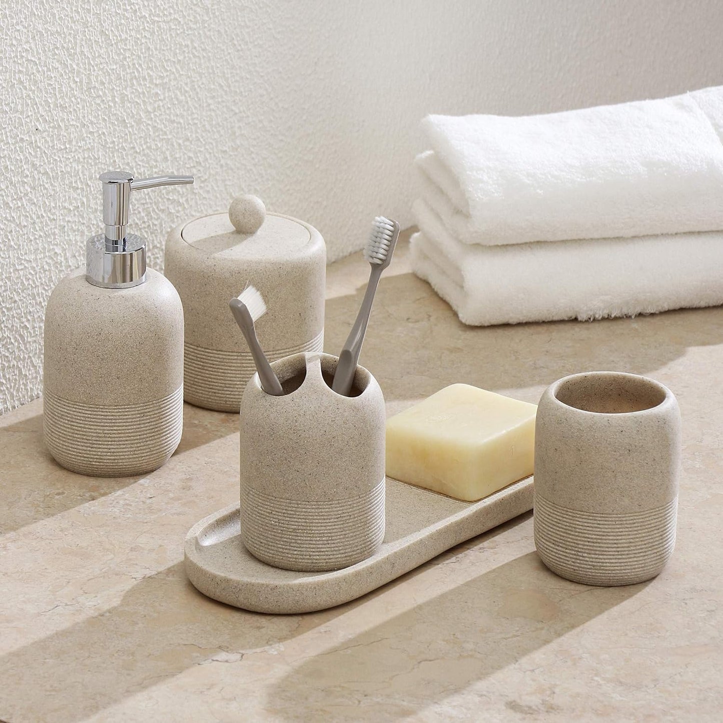 Bathroom Accessories Set, 5-Piece Resin Bath Accessory Complete Set with Lotion Dispenser/Soap Pump, Cotton Jar, Tray, Tumbler and Toothbrush Holder (Marble Look)