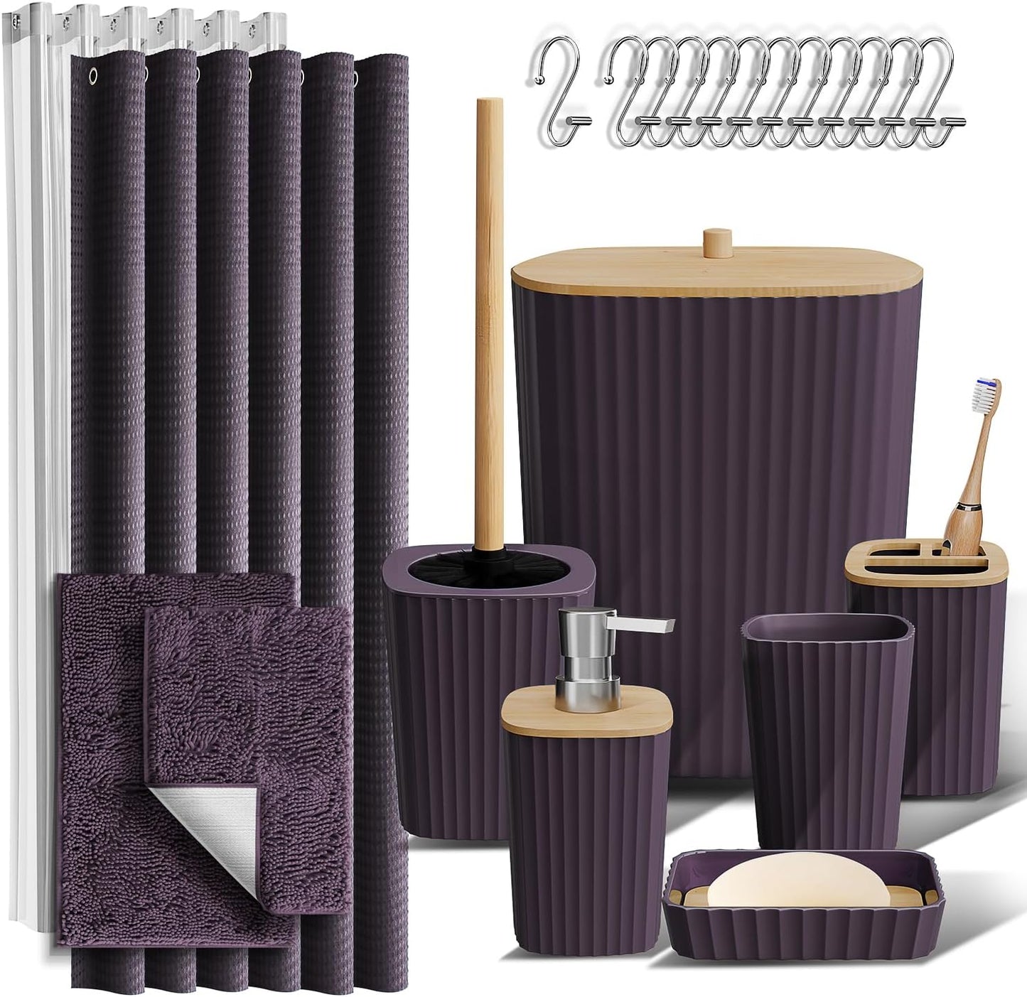 Clara Clark Bathroom Accessories Set - Grey Bathroom Set, Bathroom Sets with Shower Curtain and Rugs, 22PC Shower Curtain Set with Bathroom Trash Can