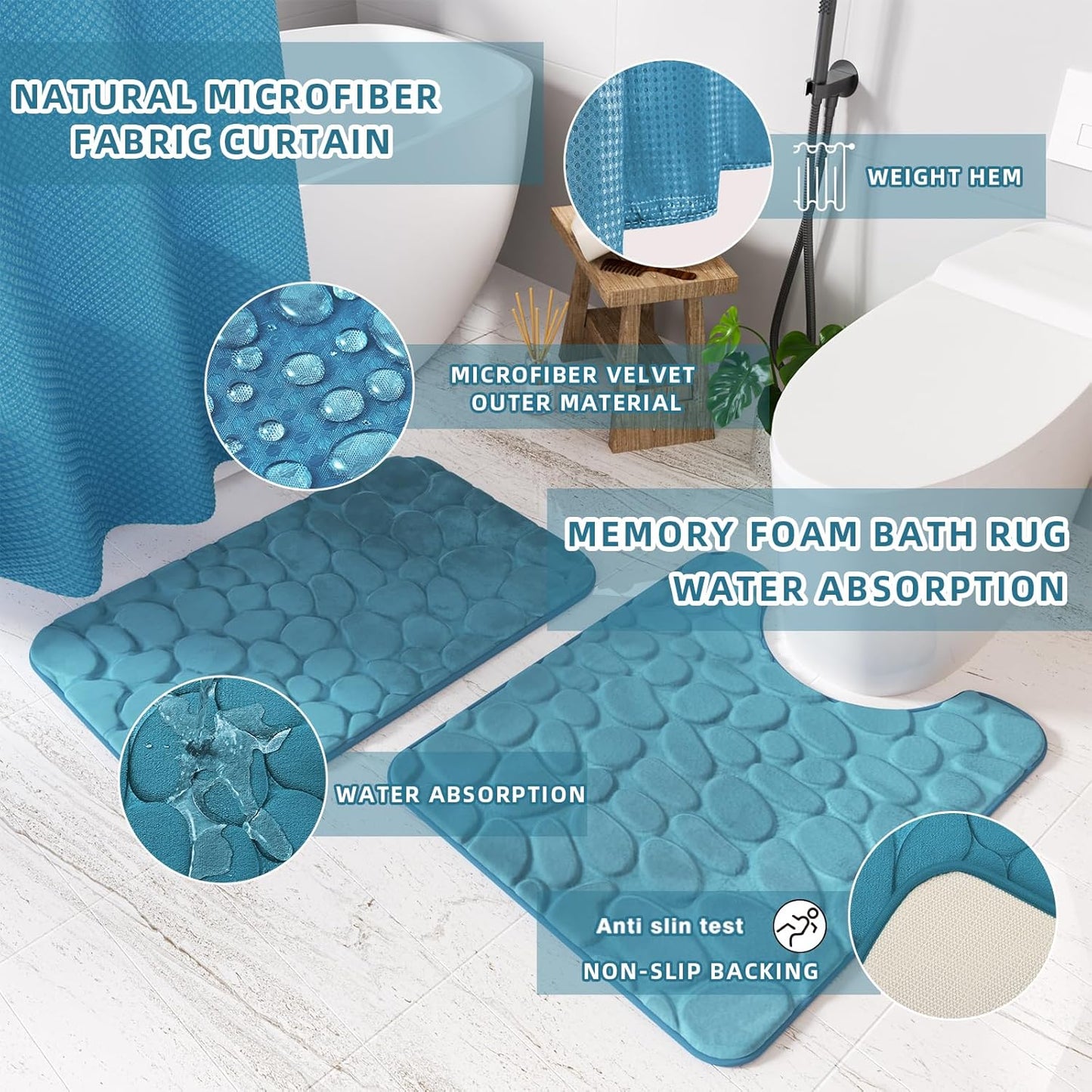Bathroom Accessory Set - 25PC Teal Bathroom Set, Bathroom Set with Shower Curtain and Rugs, Bathroom Accessories Set, Shower Curtain Set, Trash Can & Soap Dispenser