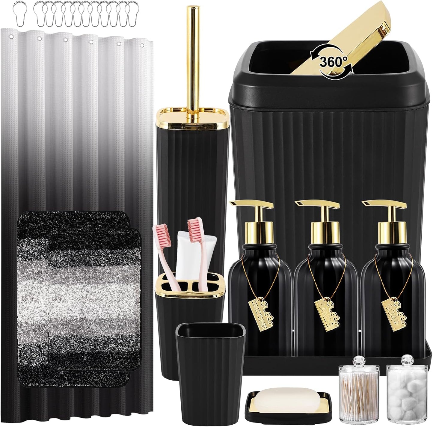 32PCS Bathroom Accessory Set Bathroom Accessories Set Navy Blue Bathroom Set, Shower Curtain Set, 2 Piece Bath Towel Set, 3PC Soap Dispenser, Toilet Brush & Trash Can