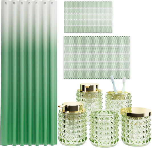 Bathroom Sets with Shower Curtain and Rugs and Accessories, Glass Bathroom Accessories Set Green Bathroom Set Bathroom Sets, Green Bath Mat and Diamond Soap Dispenser for Bathroom Decor