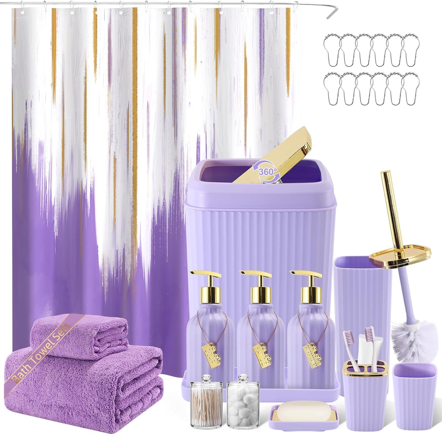 32PCS Bathroom Accessory Set Bathroom Accessories Set Navy Blue Bathroom Set, Shower Curtain Set, 2 Piece Bath Towel Set, 3PC Soap Dispenser, Toilet Brush & Trash Can
