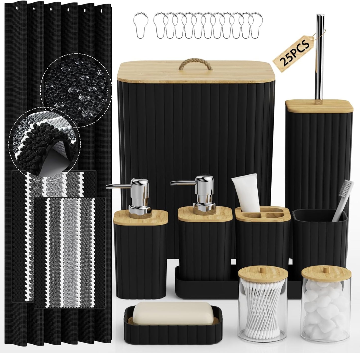 Bathroom Accessory Set - 25PC Bathroom Sets with Shower Curtain and Rugs, Navy Blue Bathroom Set, Bathroom Accessories Set, Shower Curtain Sets with Rugs, Bathroom Trash Can & Soap Dispenser