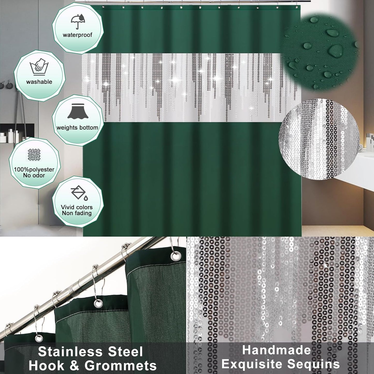 Dark Green Bathroom Sets with Shower Curtain and Rugs,Bathroom Sets Shower Curtain Set with Extra Soft and Absorbent Bathroom Rugs Green Bathroom Accessories