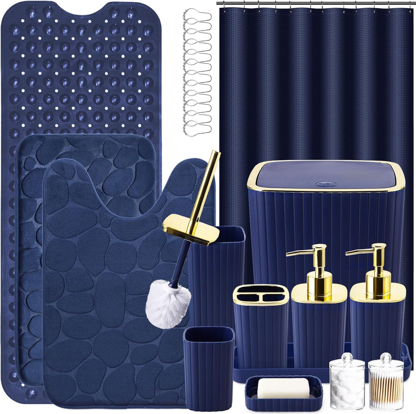 Bathroom Set with Shower Curtain and Rugs- 25PC Bathroom Accessory Set, Black Shower Curtain Set, Toilet Brush, Trash Can, Qtip Holder Dispenser & Soap Dispenser