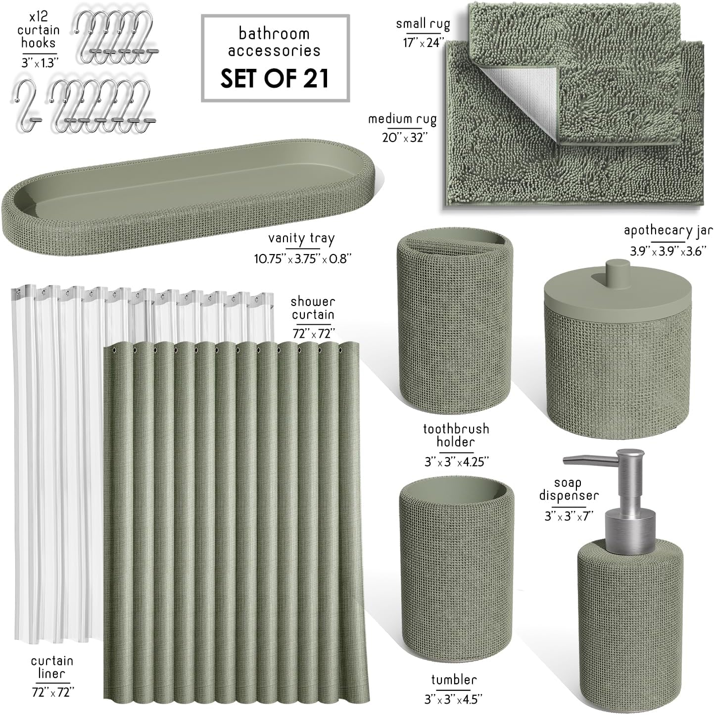 Clara Clark Sage Green Bathroom Set - Bathroom Sets with Shower Curtain and Rugs, 21PC Bathroom Accessory Set, Shower Curtain Set with Soap Dispenser & Toothbrush Holder
