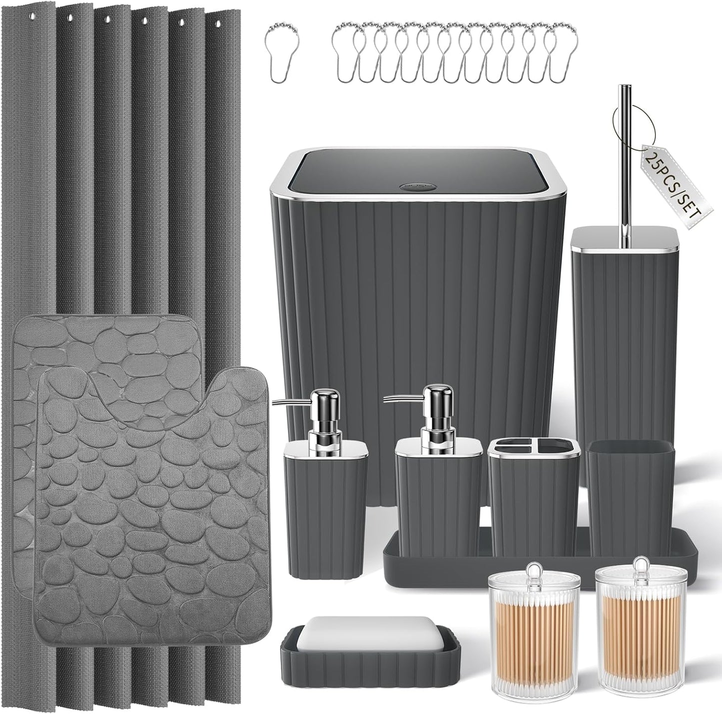Bathroom Set with Shower Curtain and Rugs- 25PC Bathroom Accessory Set, Black Shower Curtain Set, Toilet Brush, Trash Can, Qtip Holder Dispenser & Soap Dispenser