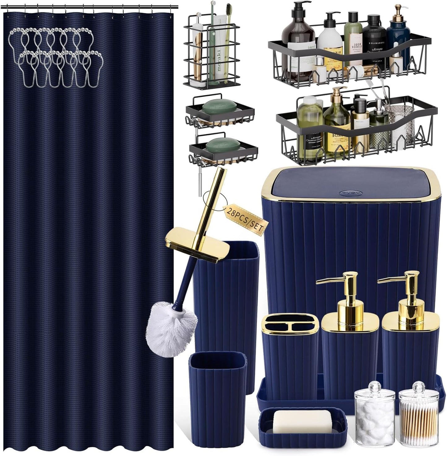 Bathroom Set with Shower Curtain and Rugs- 25PC Bathroom Accessory Set, Black Shower Curtain Set, Toilet Brush, Trash Can, Qtip Holder Dispenser & Soap Dispenser
