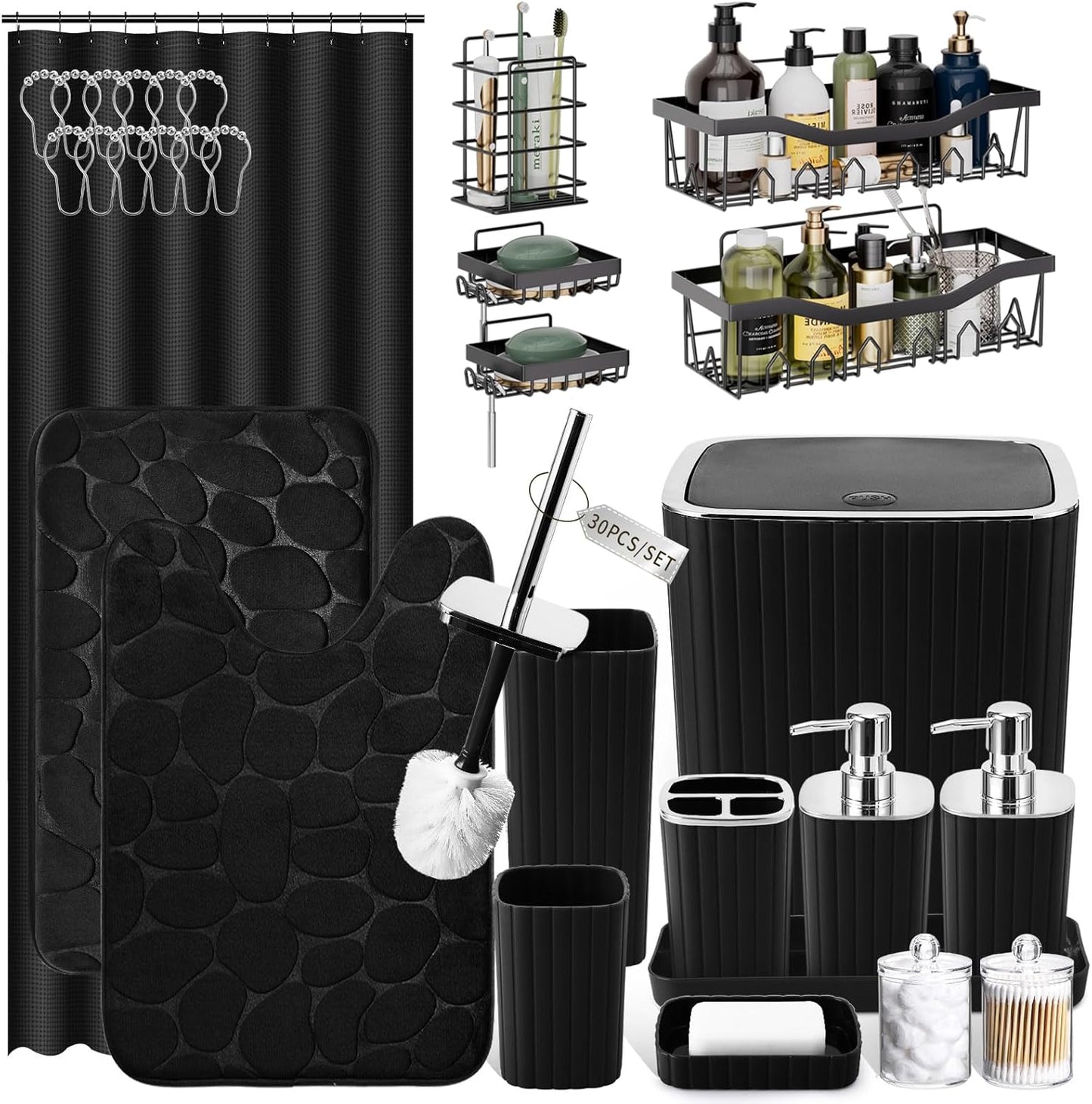Bathroom Set with Shower Curtain and Rugs- 25PC Bathroom Accessory Set, Black Shower Curtain Set, Toilet Brush, Trash Can, Qtip Holder Dispenser & Soap Dispenser