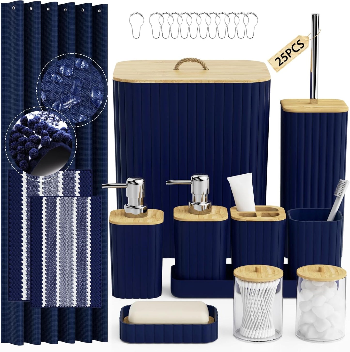 Bathroom Accessory Set - 25PC Bathroom Sets with Shower Curtain and Rugs, Navy Blue Bathroom Set, Bathroom Accessories Set, Shower Curtain Sets with Rugs, Bathroom Trash Can & Soap Dispenser