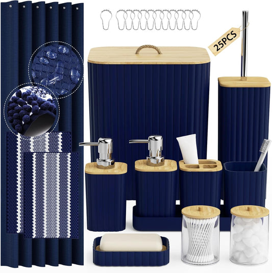 Bathroom Accessory Set - 25PC Bathroom Sets with Shower Curtain and Rugs, Navy Blue Bathroom Set, Bathroom Accessories Set, Shower Curtain Sets with Rugs, Bathroom Trash Can & Soap Dispenser