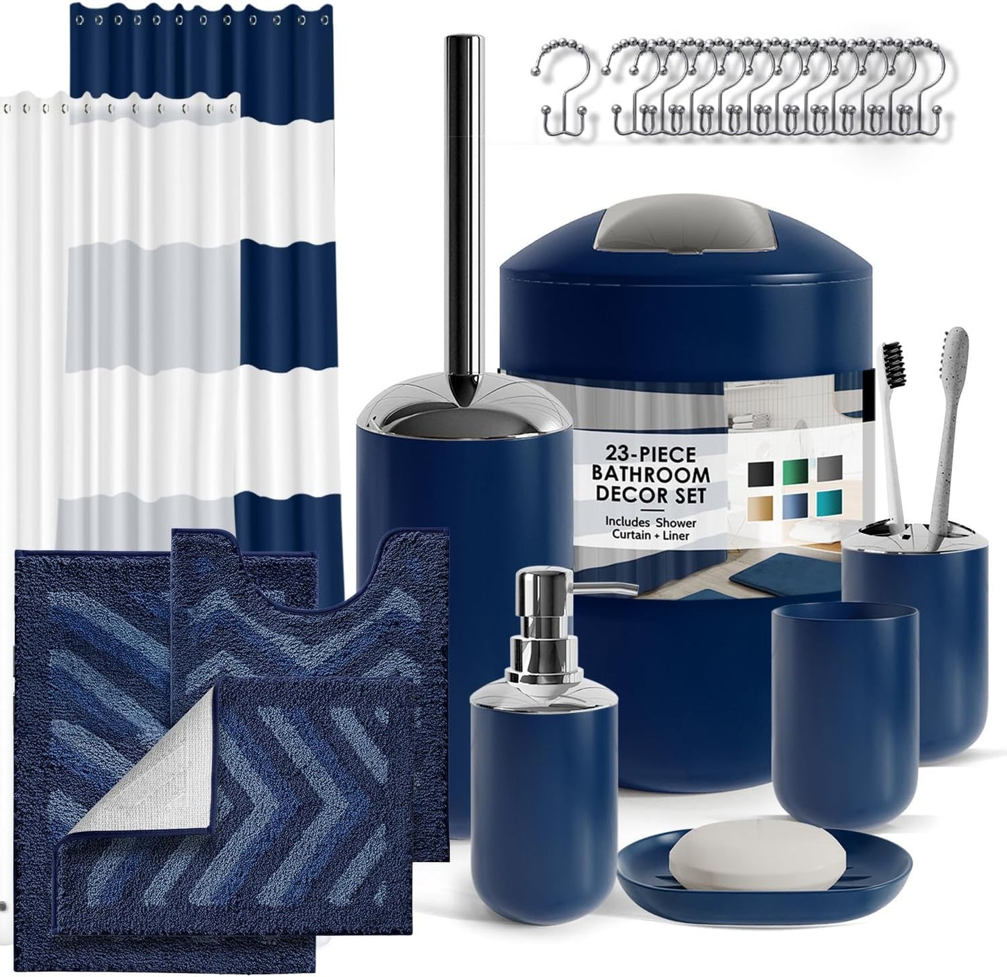 Clara Clark Bathroom Accessories Set - 28PC Bathroom Set with Adhesive Corner Shower Caddy Hanging, Bathroom Sets with Shower Curtain and Rugs, Black Shower Curtain Set with Bathroom Trash Can
