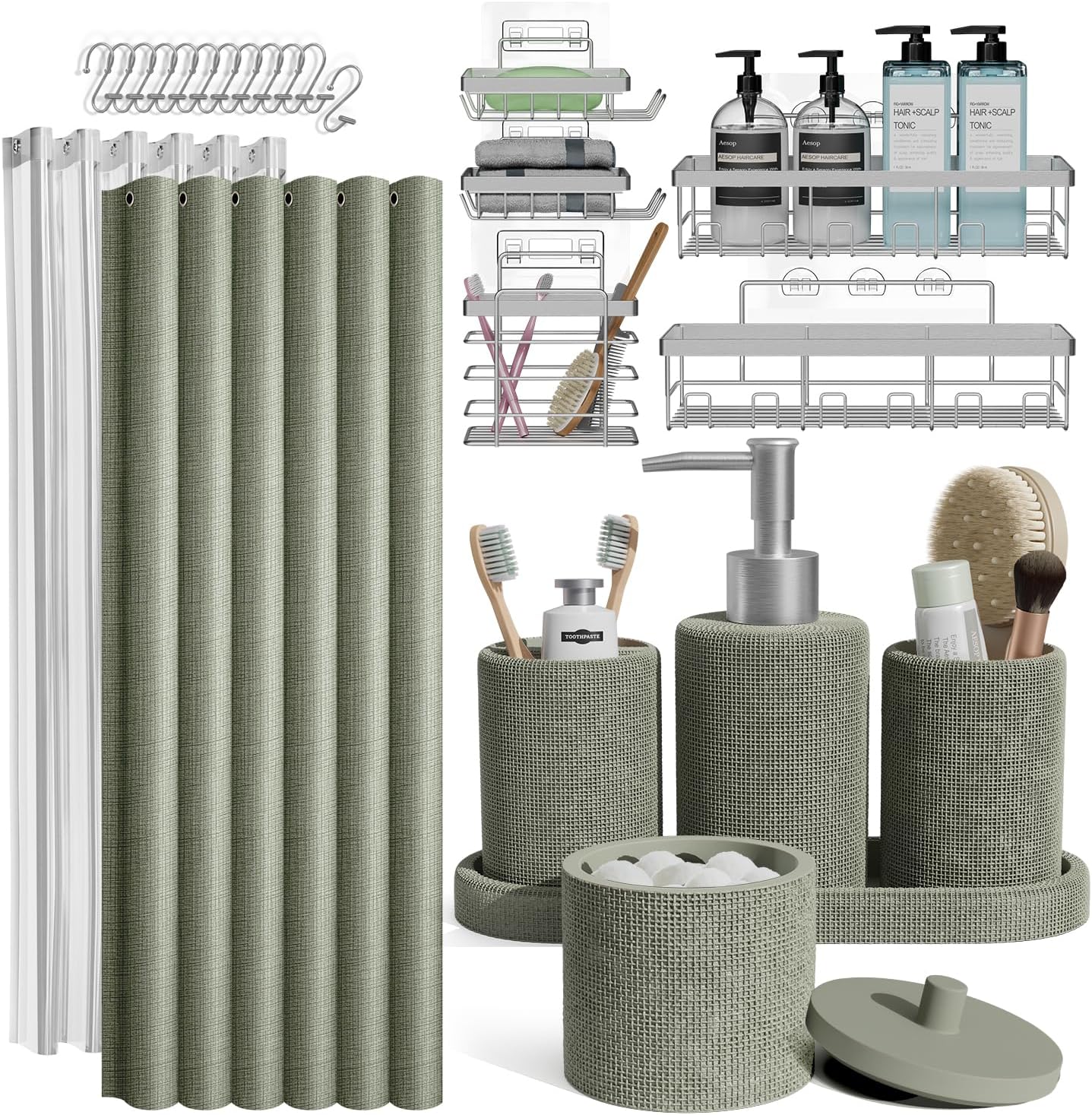 Clara Clark Sage Green Bathroom Set - Bathroom Sets with Shower Curtain and Rugs, 21PC Bathroom Accessory Set, Shower Curtain Set with Soap Dispenser & Toothbrush Holder