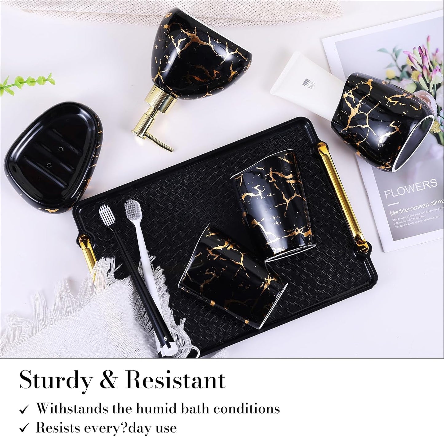 Black Bathroom Accessories Set,Gold Marble Look Bathroom Decor,Modern 6 Piece Bathroom Accessory Set,Complete with Soap Dispenser,Toothbrush Holder,Tumbler,Tray Countertop